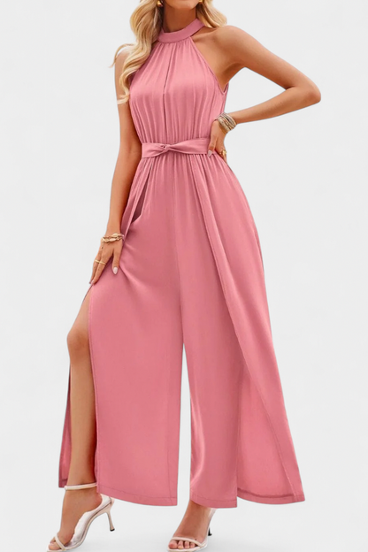 Chiffon Halter Slit Jumpsuit