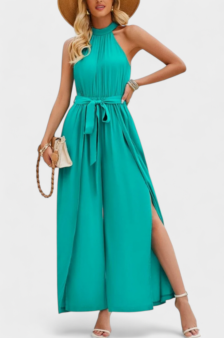 Chiffon Halter Slit Jumpsuit