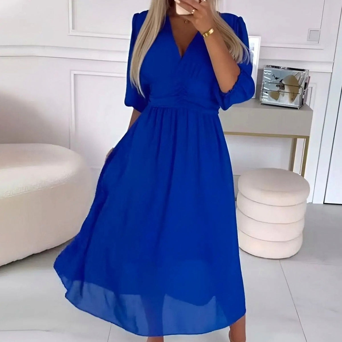 Chiffon Ruched Balloon Sleeve Midi Dress