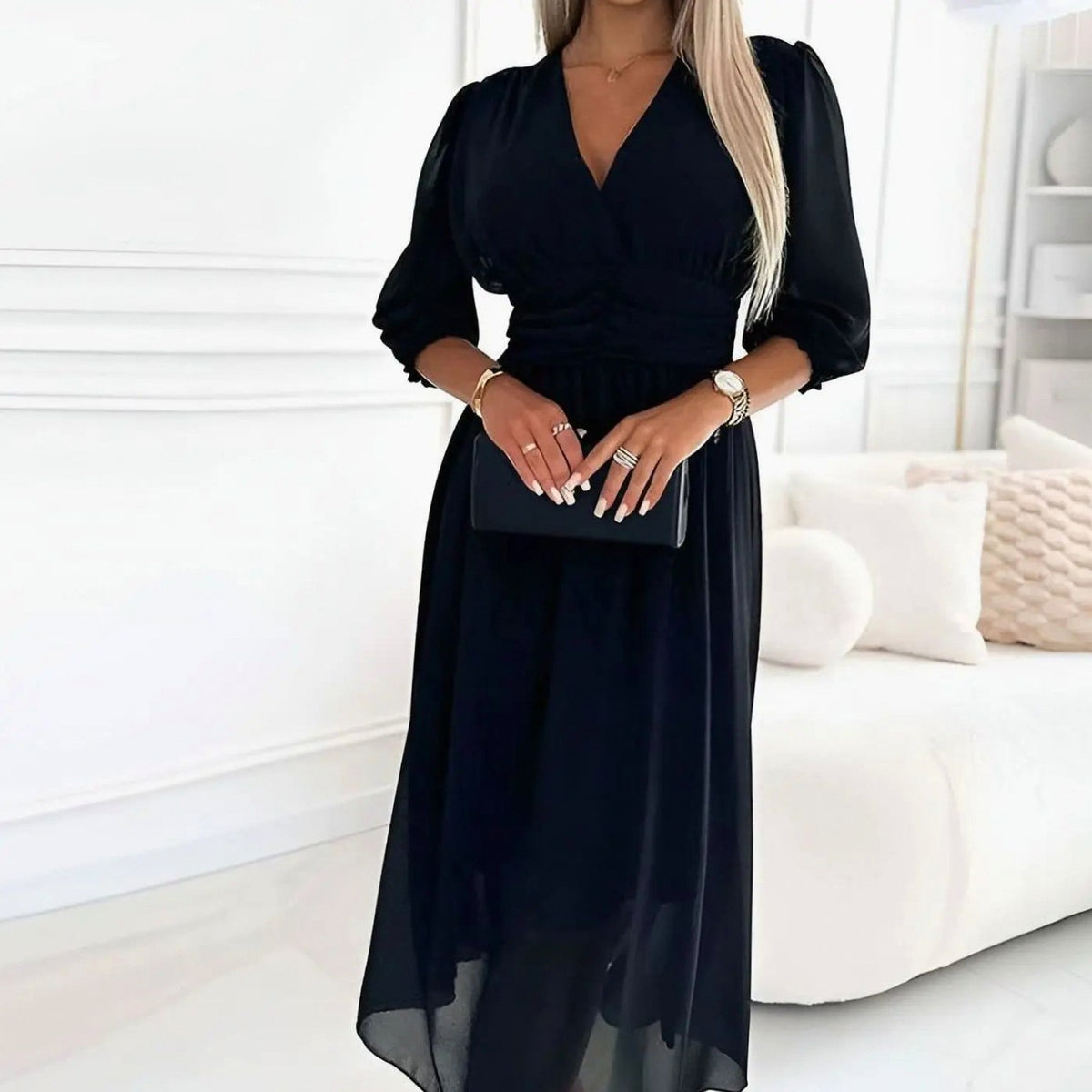 Chiffon Ruched Balloon Sleeve Midi Dress