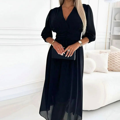 Chiffon Ruched Balloon Sleeve Midi Dress