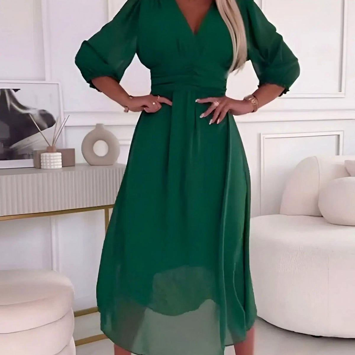 Chiffon Ruched Balloon Sleeve Midi Dress