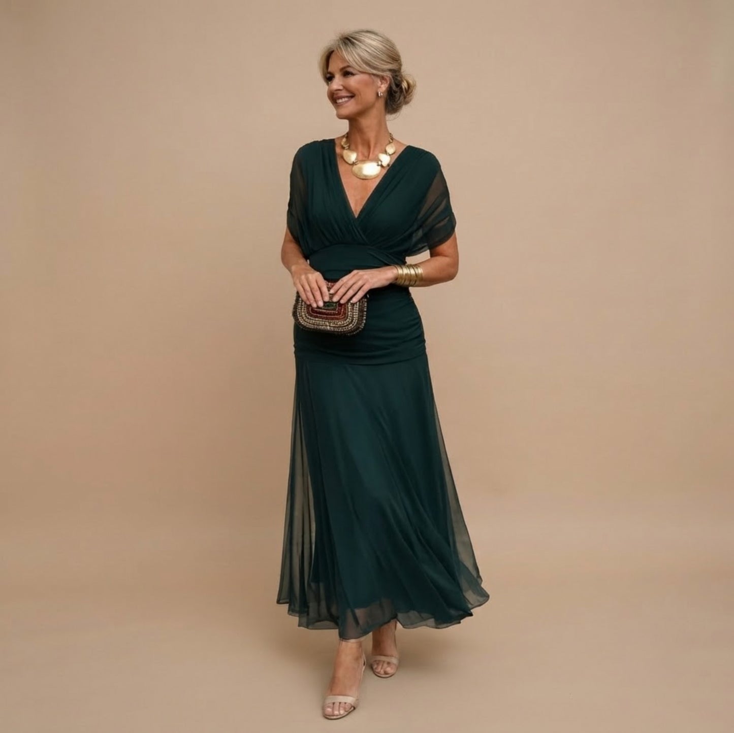 Chiffon Wrap Short Sleeve Maxi Dress