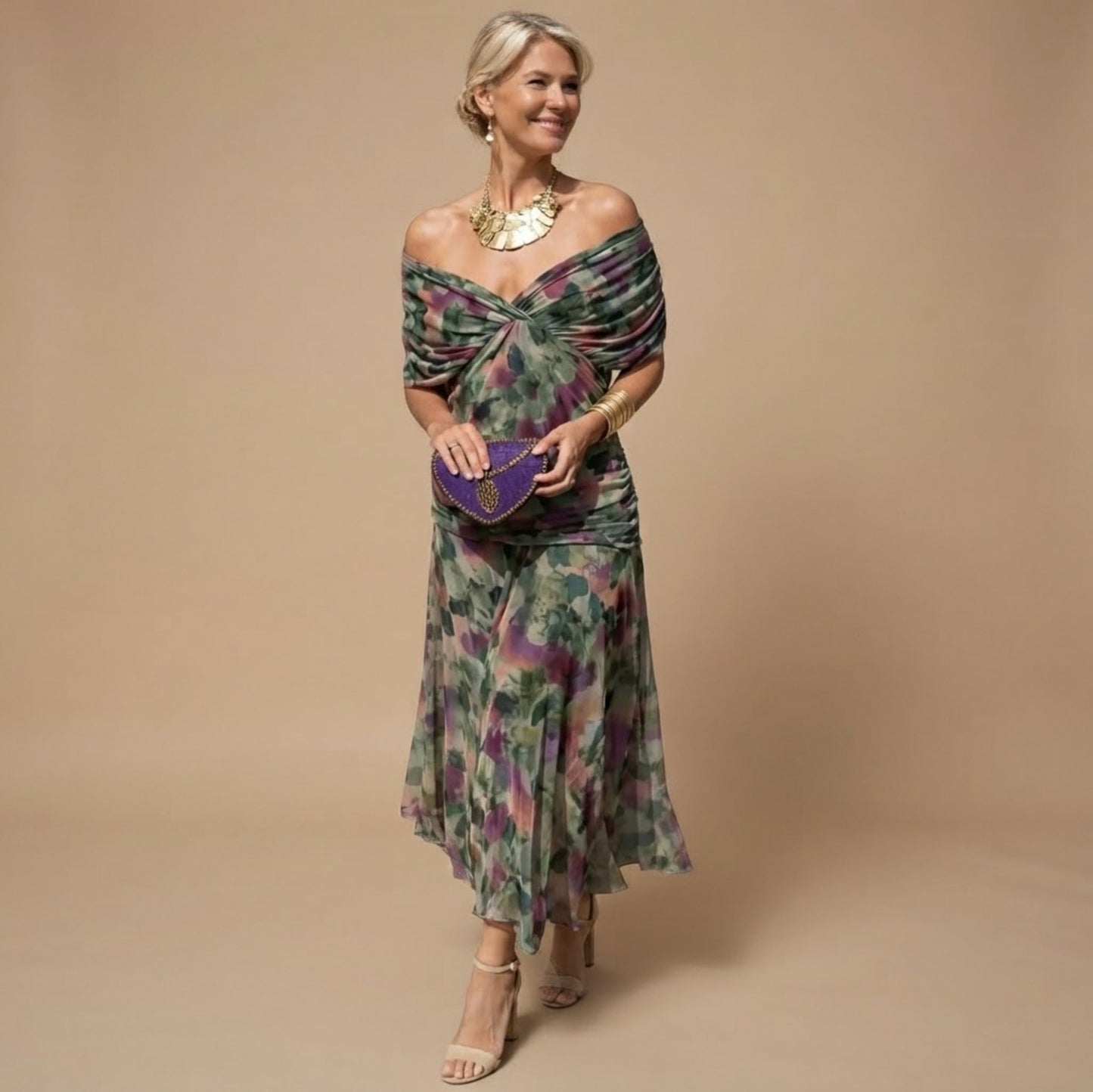 Chiffon Wrap Short Sleeve Maxi Dress