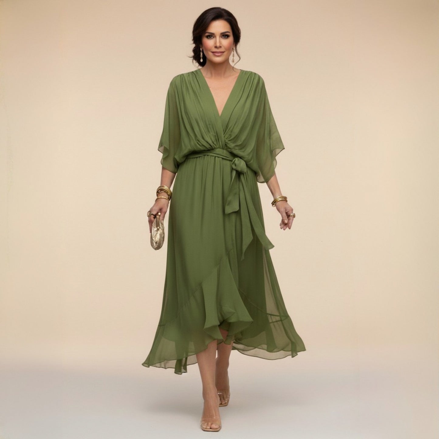 Chiffon Wrap Tie Waist Midi Dress