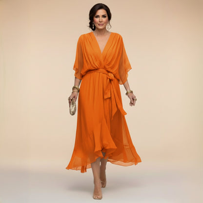 Chiffon Wrap Tie Waist Midi Dress