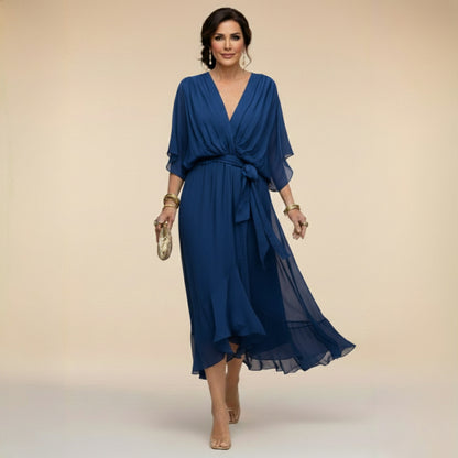 Chiffon Wrap Tie Waist Midi Dress