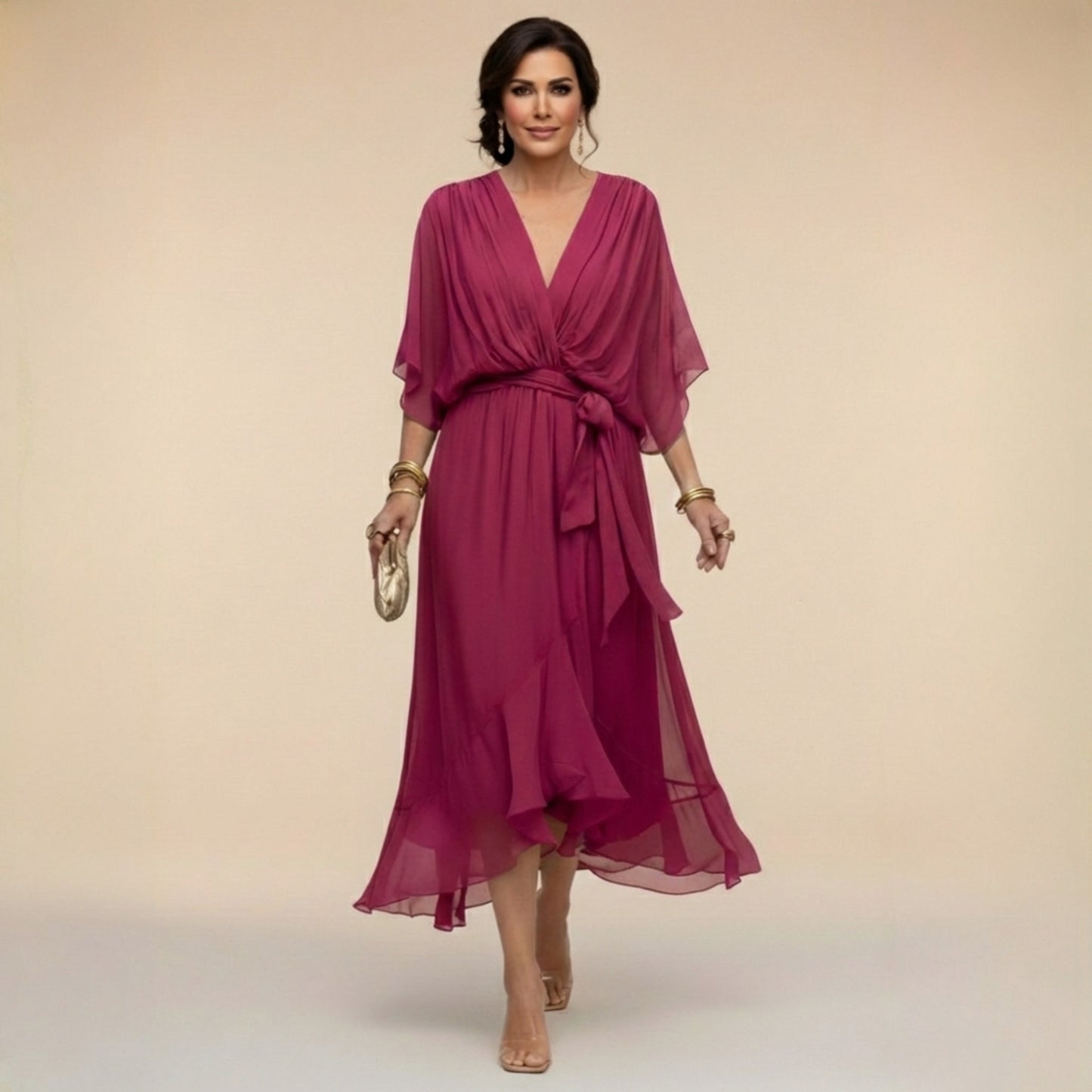 Chiffon Wrap Tie Waist Midi Dress