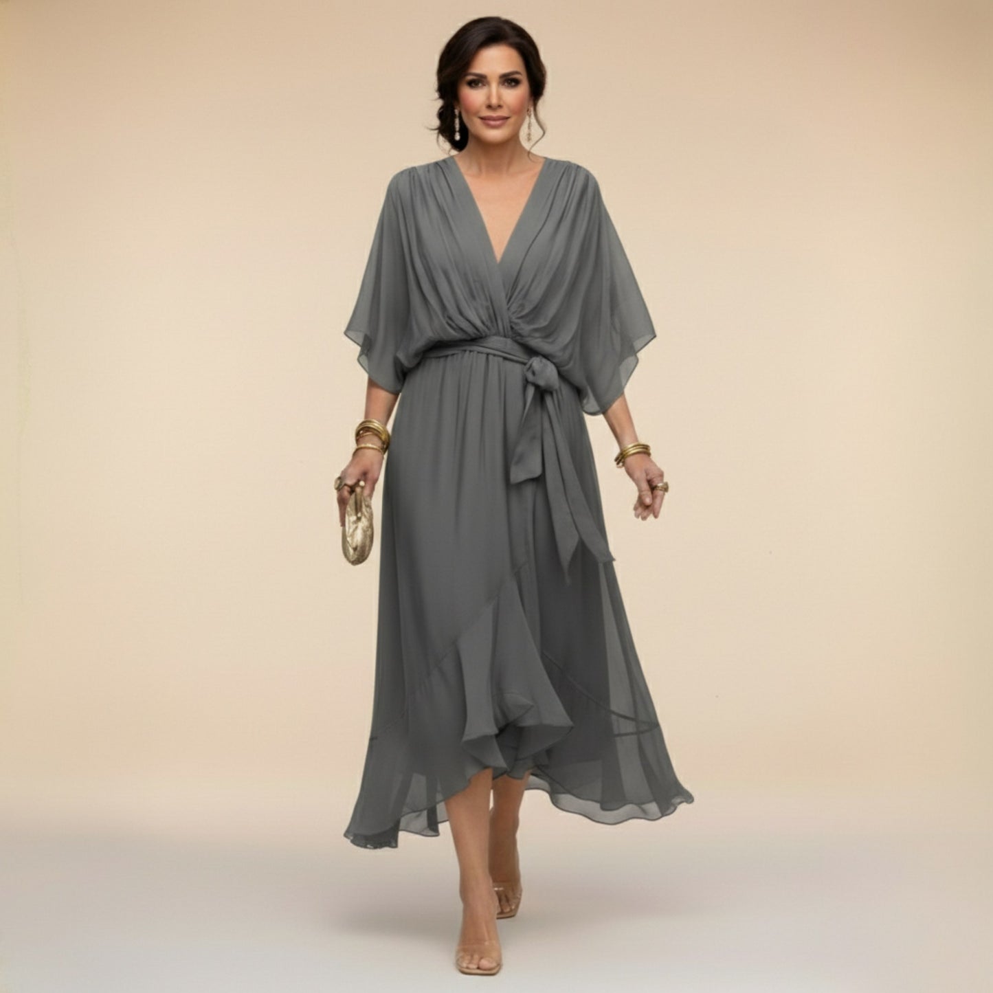 Chiffon Wrap Tie Waist Midi Dress