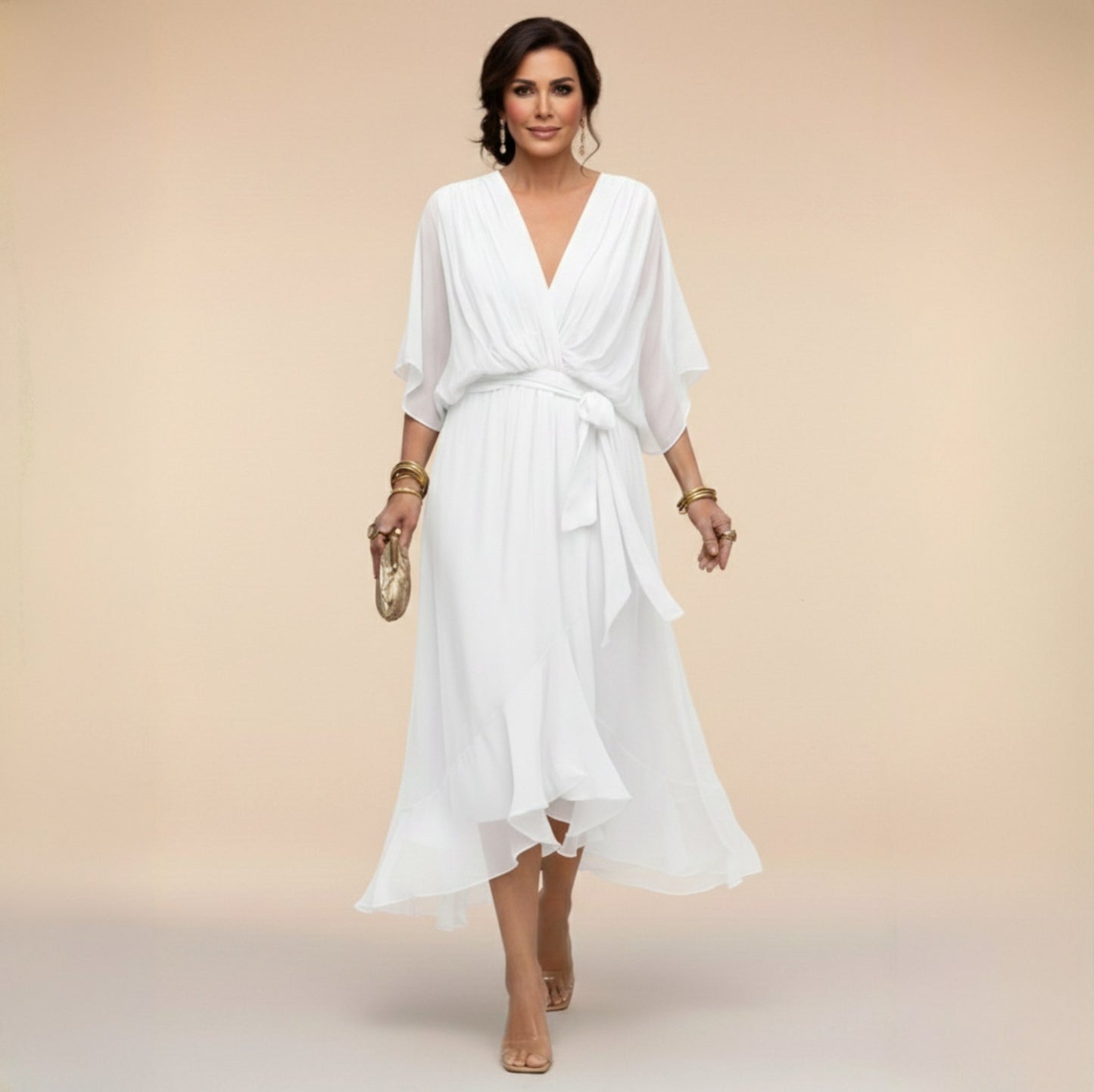 Chiffon Wrap Tie Waist Midi Dress