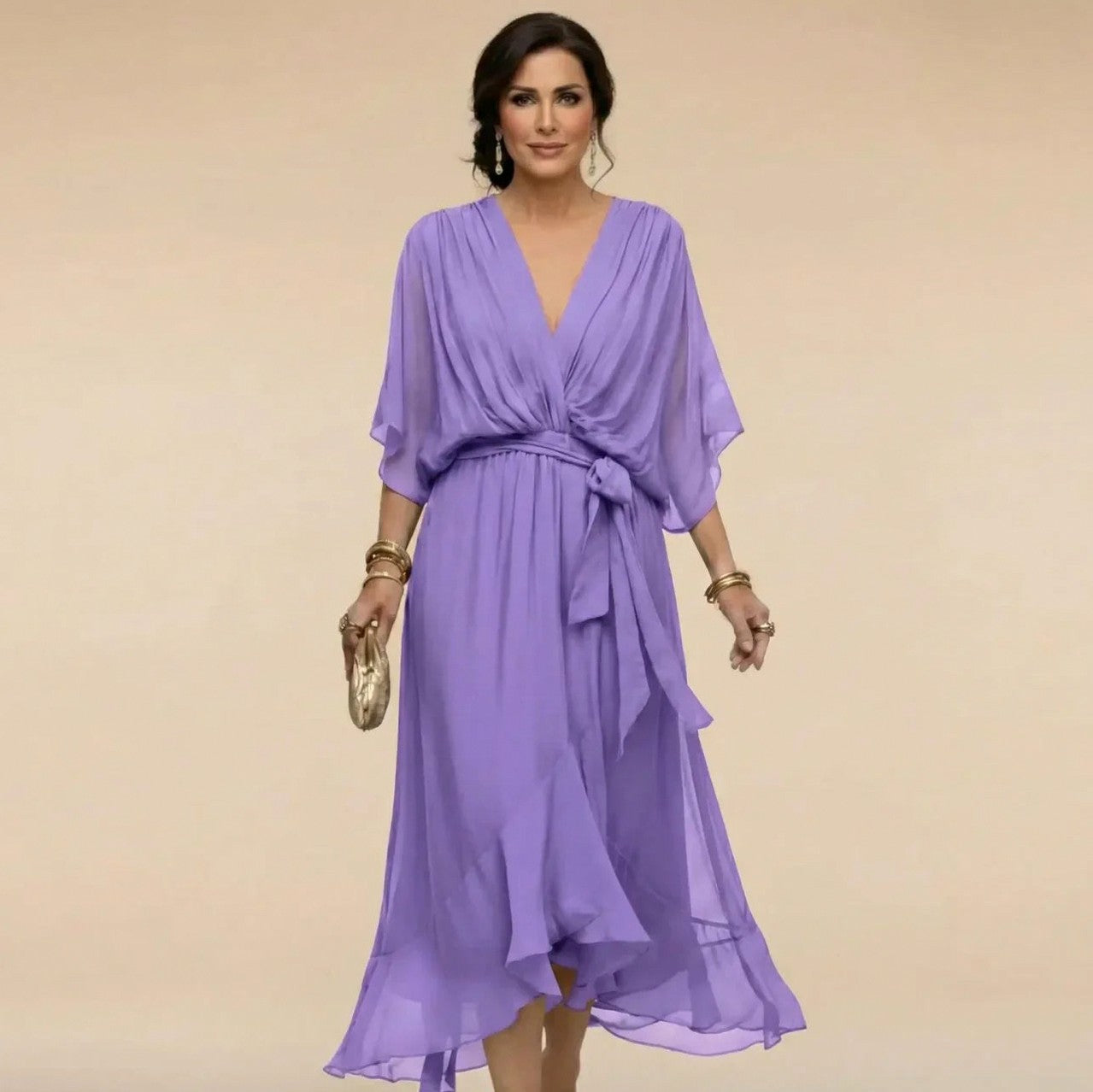 Chiffon Wrap Tie Waist Midi Dress