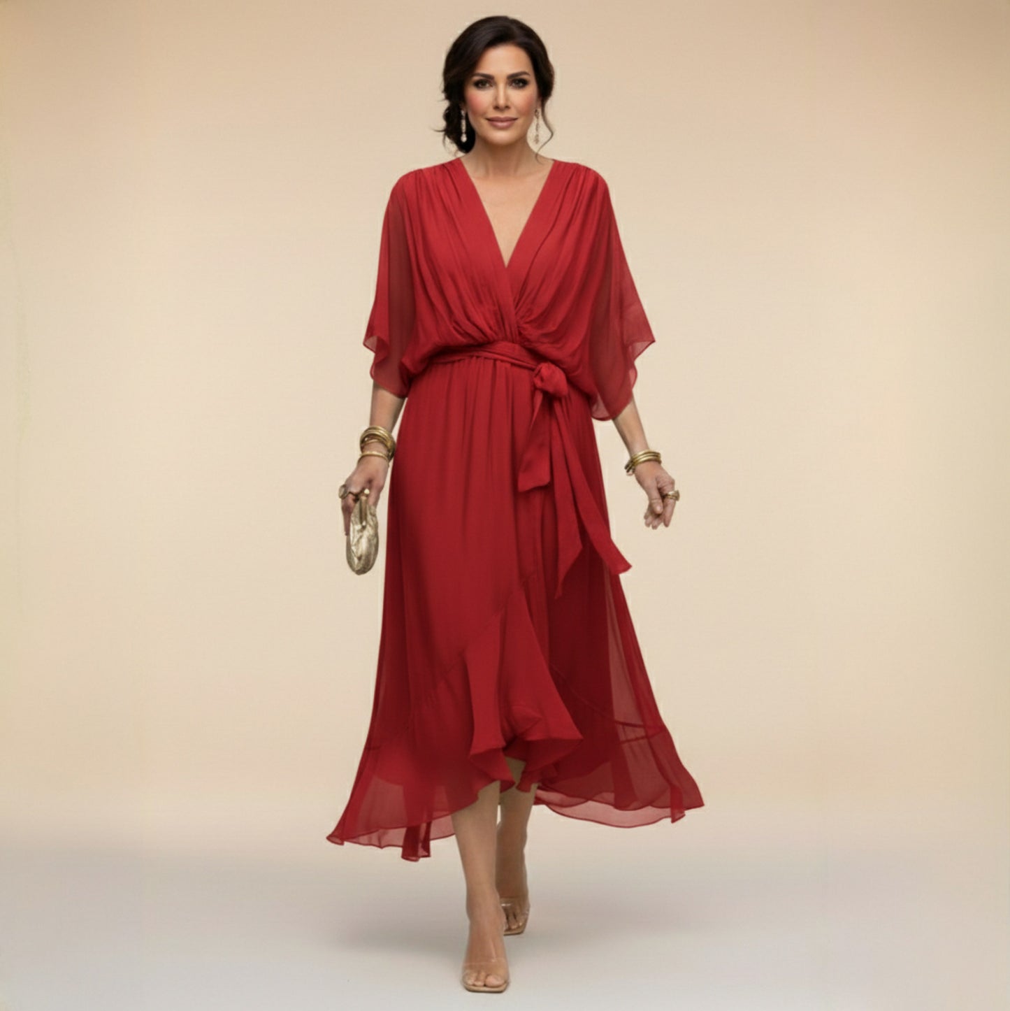 Chiffon Wrap Tie Waist Midi Dress