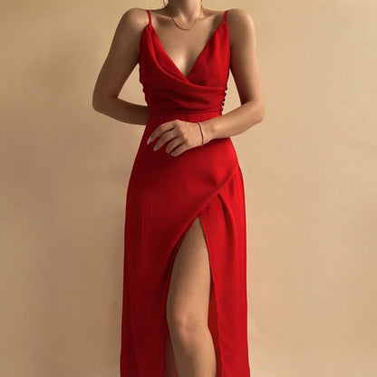 Cowl Neck High Slit Slip Dress