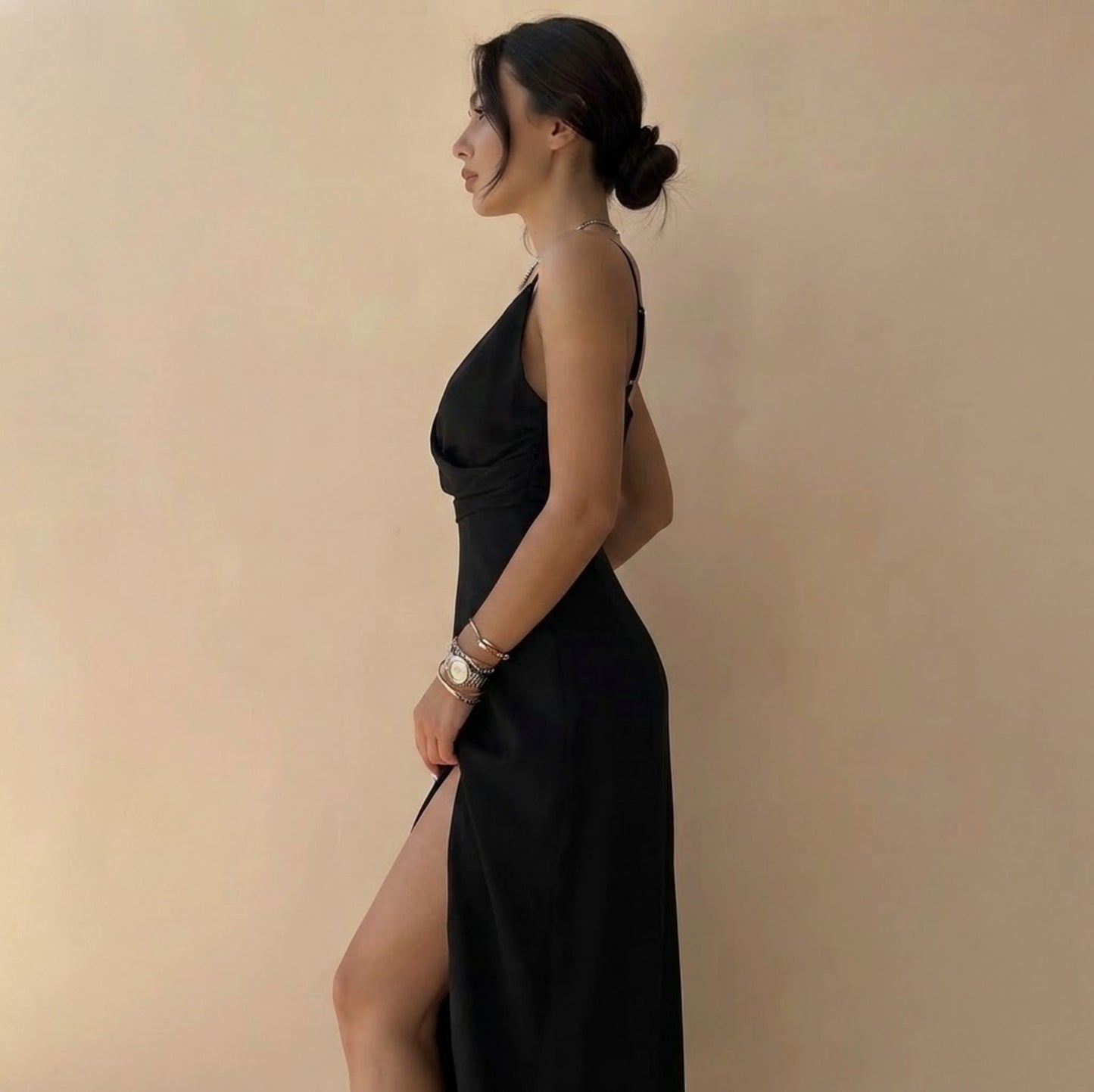 Cowl Neck High Slit Slip Dress
