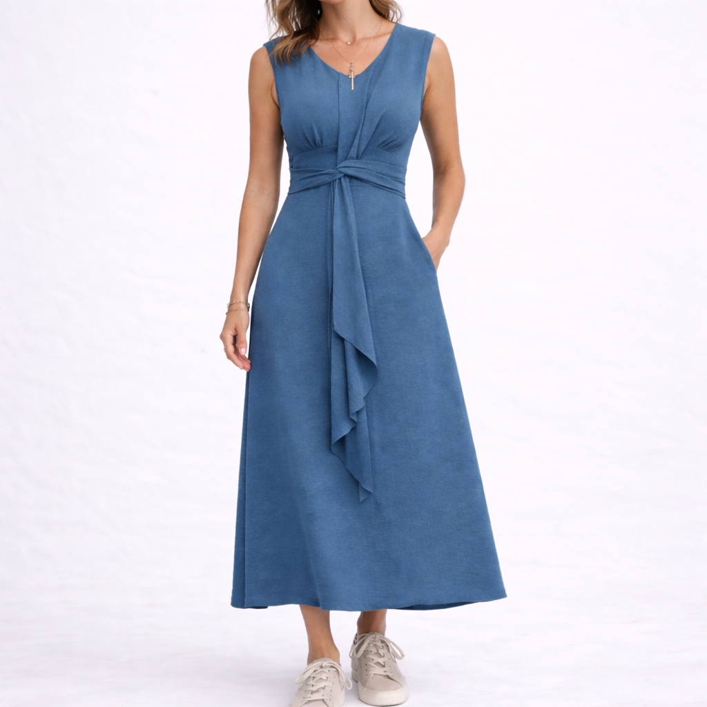 Blue - Sleeveless V-neck midi dress featuring a front knot detail and side pockets, styled with trainers on a white background