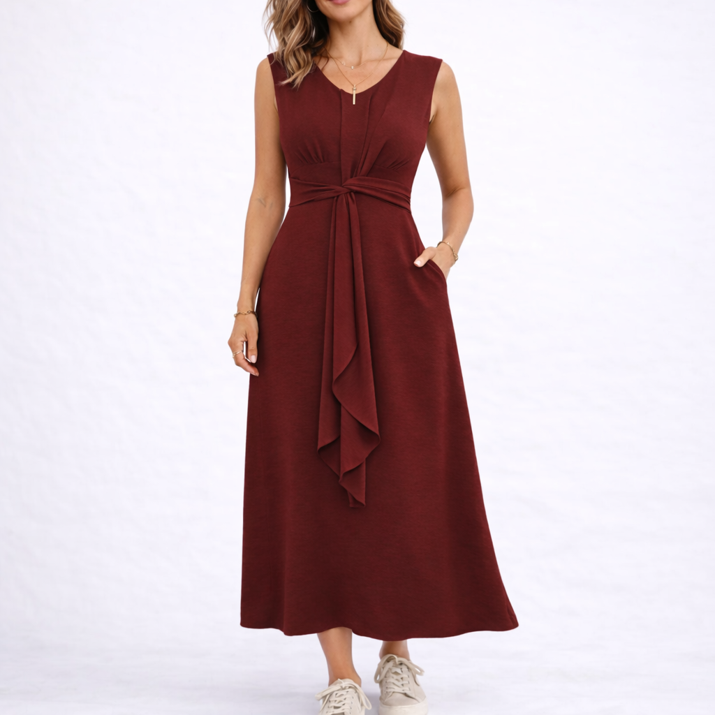 Red - Sleeveless V-neck midi dress featuring a front knot detail and side pockets, styled with trainers on a white background