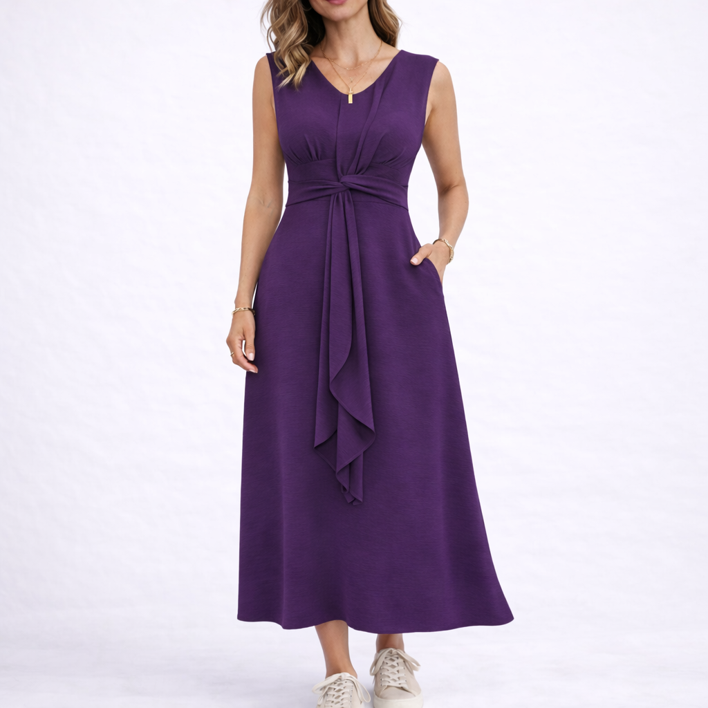 Purple - Sleeveless V-neck midi dress featuring a front knot detail and side pockets, styled with trainers on a white background