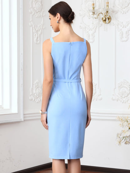 Blue - Model wearing a fitted square-neck midi dress with a matching waist belt in a structured crepe fabric, standing in an elegant room with decorative wall mouldings.