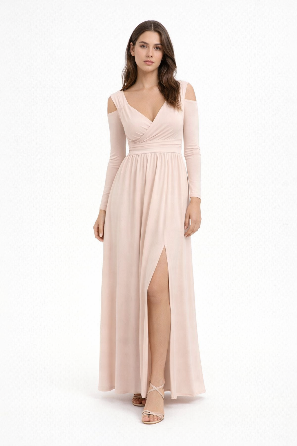 Peach - Woman wearing a solid crepe wrap maxi dress with cold-shoulder long sleeves and a front split.