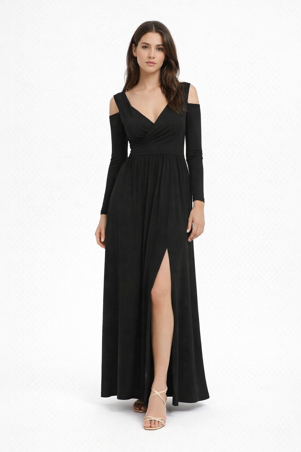 Black - Woman wearing a solid crepe wrap maxi dress with cold-shoulder long sleeves and a front split.