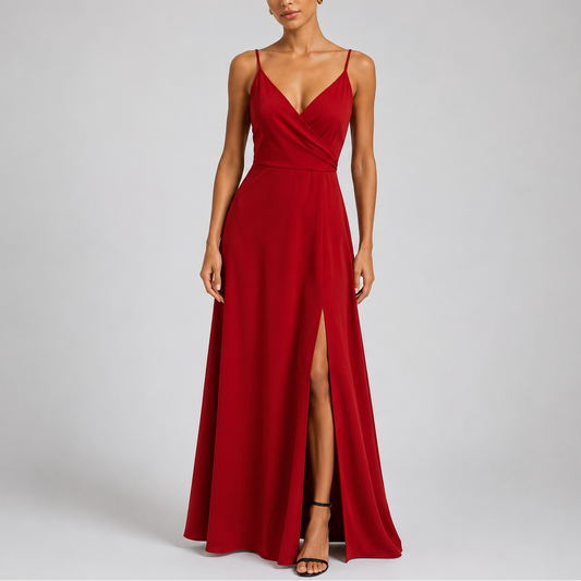 Red - Woman wearing a floor-length V-neck wrap maxi dress with delicate straps and a high side split on a plain grey background.