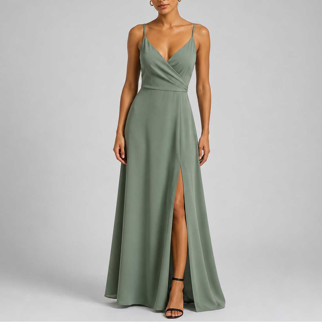 Green - Woman wearing a floor-length V-neck wrap maxi dress with delicate straps and a high side split on a plain grey background.