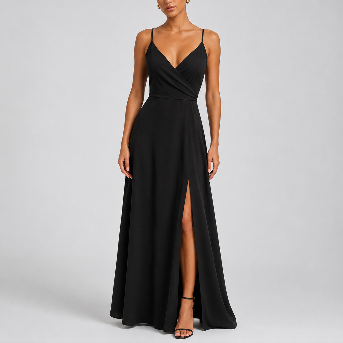 Black - Woman wearing a floor-length V-neck wrap maxi dress with delicate straps and a high side split on a plain grey background.