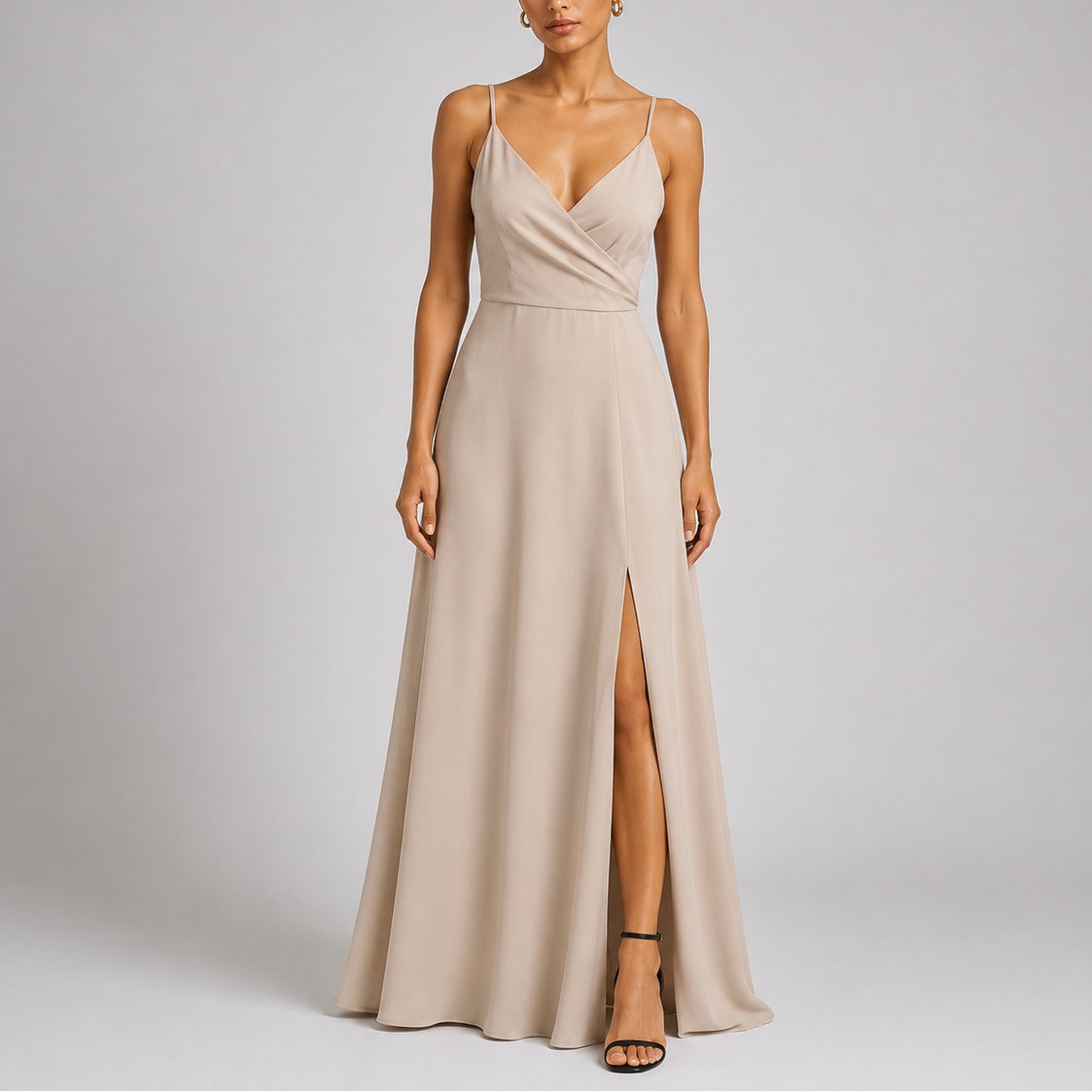Beige - Woman wearing a floor-length V-neck wrap maxi dress with delicate straps and a high side split on a plain grey background.