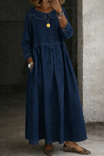 Denim Collared Pleated Maxi Dress