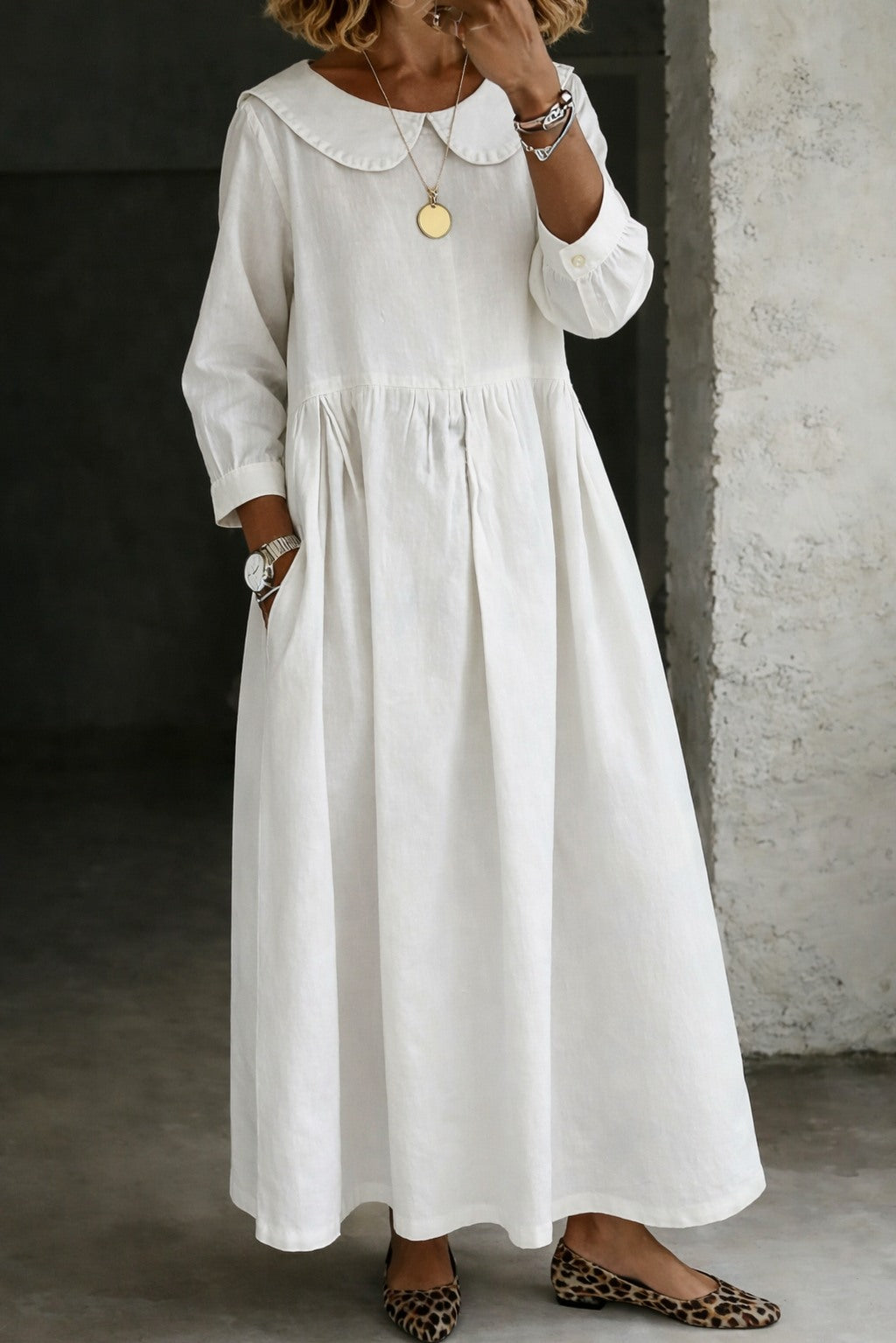 Denim Collared Pleated Maxi Dress