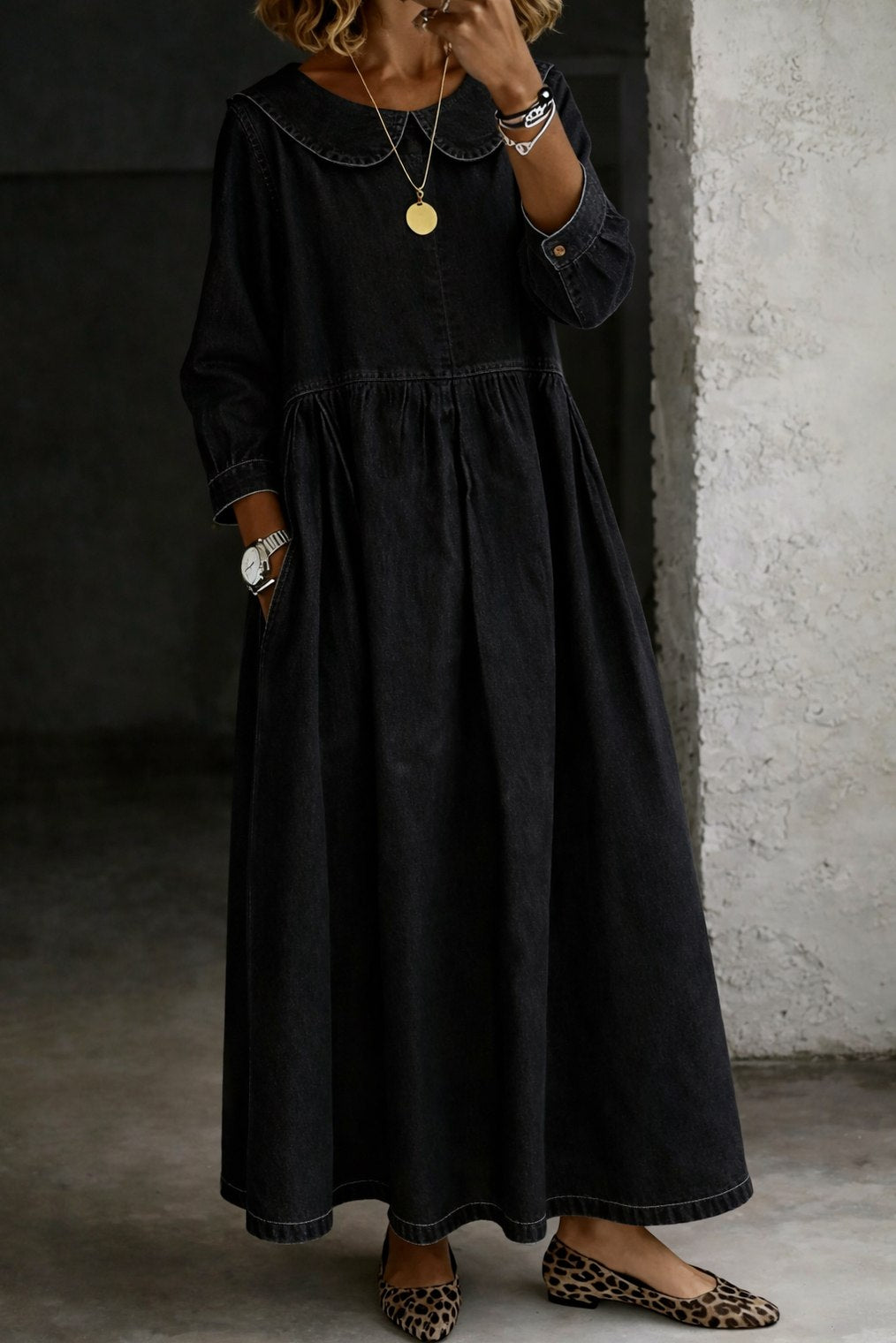 Denim Collared Pleated Maxi Dress