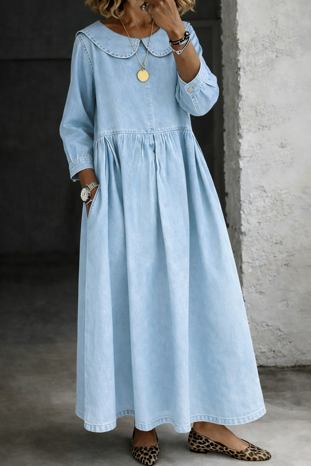 Denim Collared Pleated Maxi Dress