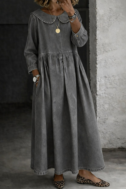 Denim Collared Pleated Maxi Dress