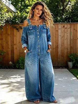 Denim Off Shoulder Wide Leg Jumpsuit