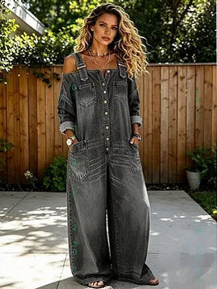 Denim Off Shoulder Wide Leg Jumpsuit