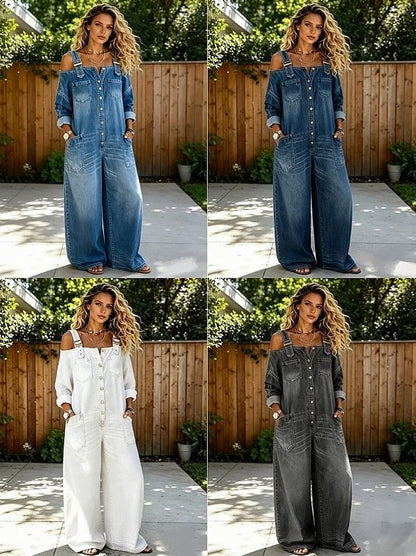 Denim Off Shoulder Wide Leg Jumpsuit