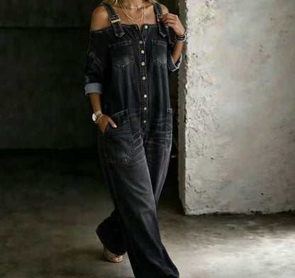Denim Off Shoulder Wide Leg Jumpsuit