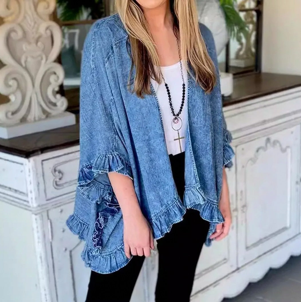 Denim Ruffle Kimono Cardigan