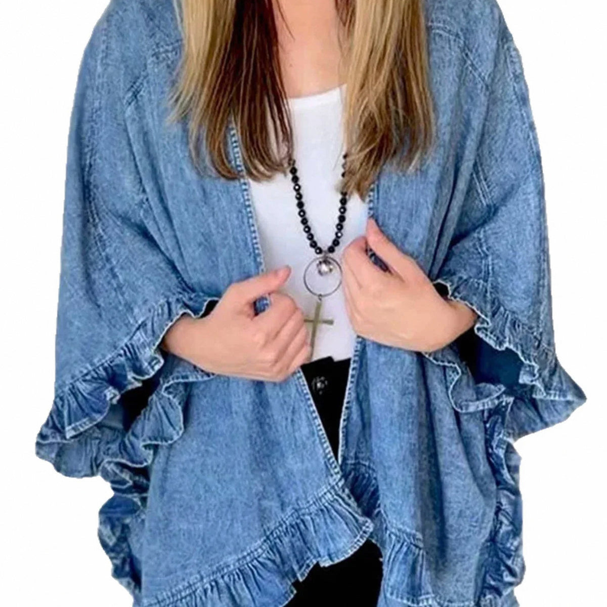 Denim Ruffle Kimono Cardigan
