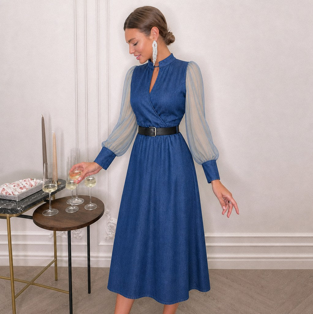 Denim Sheer Sleeve Wrap Midi Dress