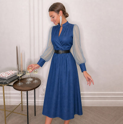 Denim Sheer Sleeve Wrap Midi Dress