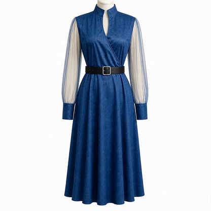 Denim Sheer Sleeve Wrap Midi Dress