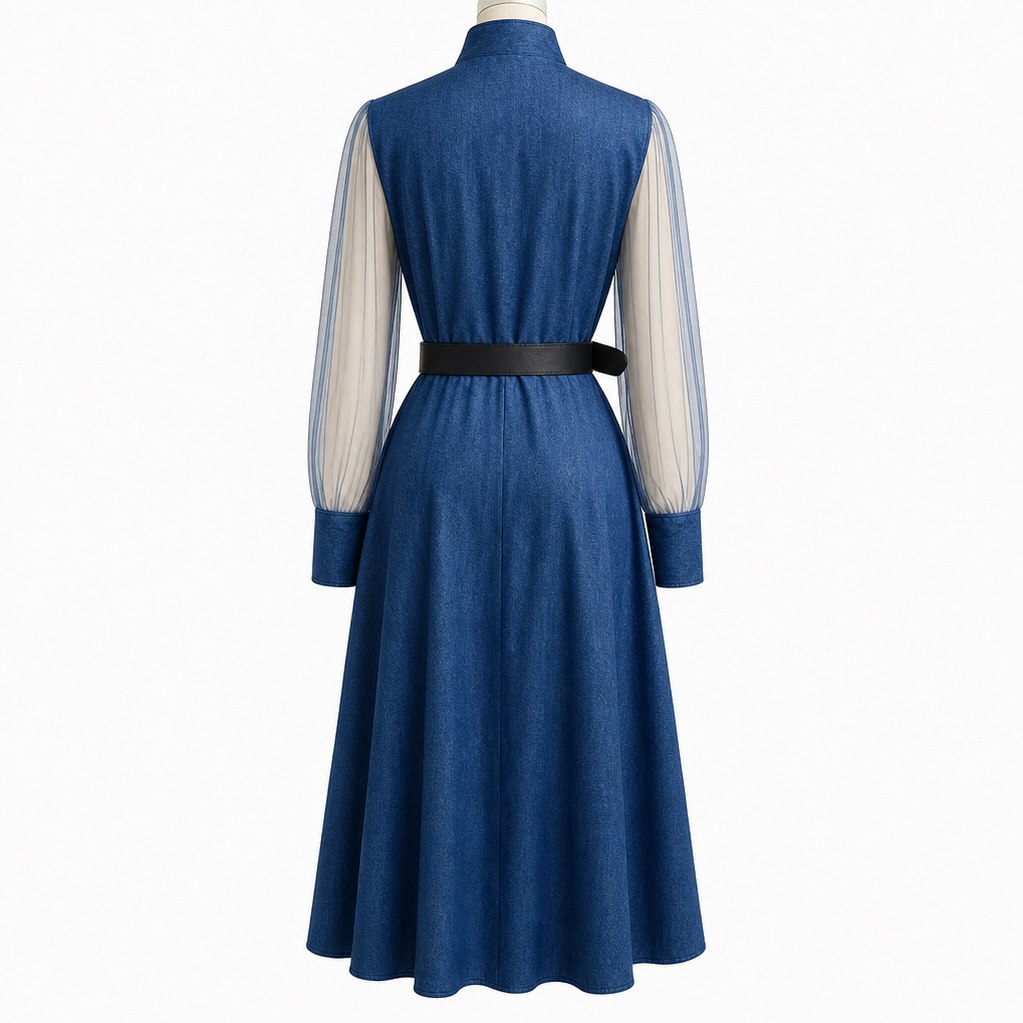 Denim Sheer Sleeve Wrap Midi Dress