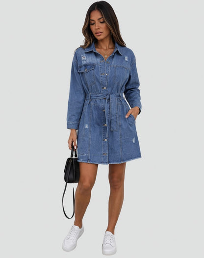 Denim Tie Waist Shirt Mini Dress