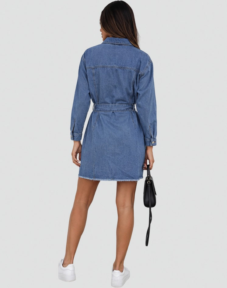 Denim Tie Waist Shirt Mini Dress