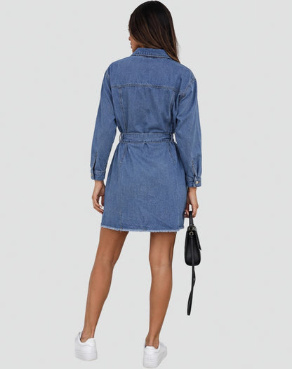Denim Tie Waist Shirt Mini Dress