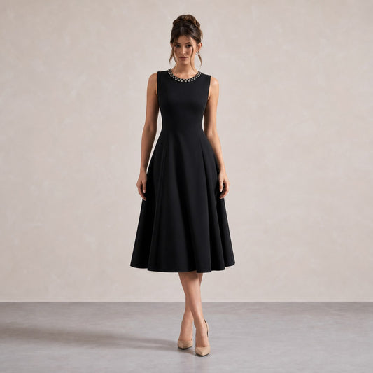 Embellished Neck A-Line Midi Dress