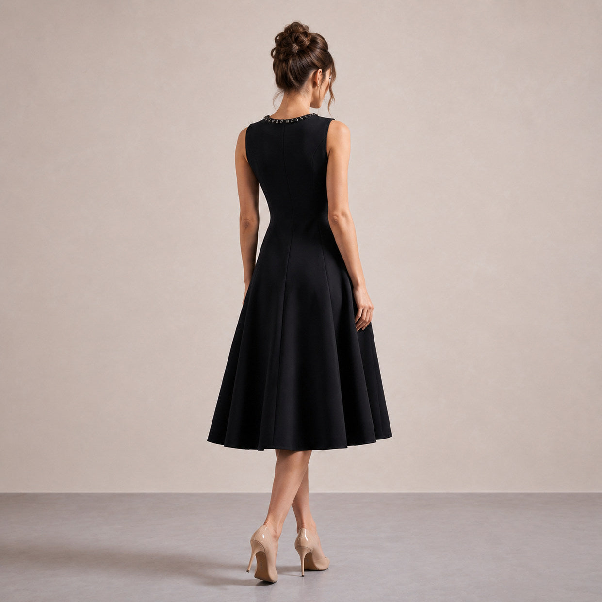 Embellished Neck A-Line Midi Dress