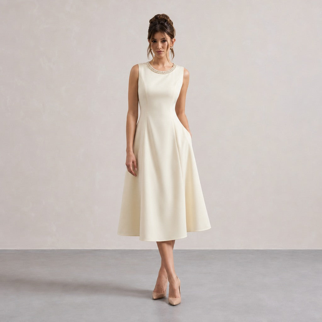 Embellished Neck A-Line Midi Dress