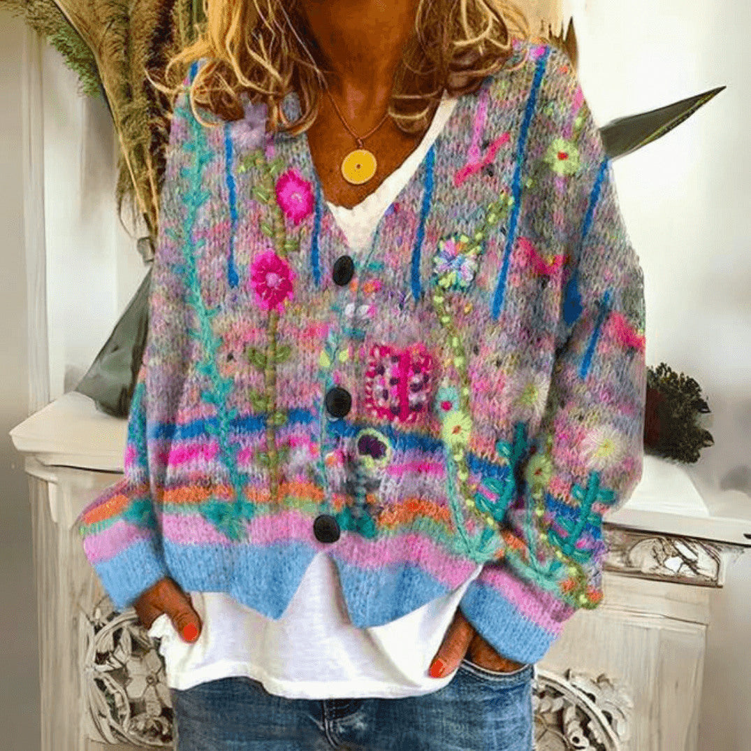 Embroidered Button Front Knit Cardigan